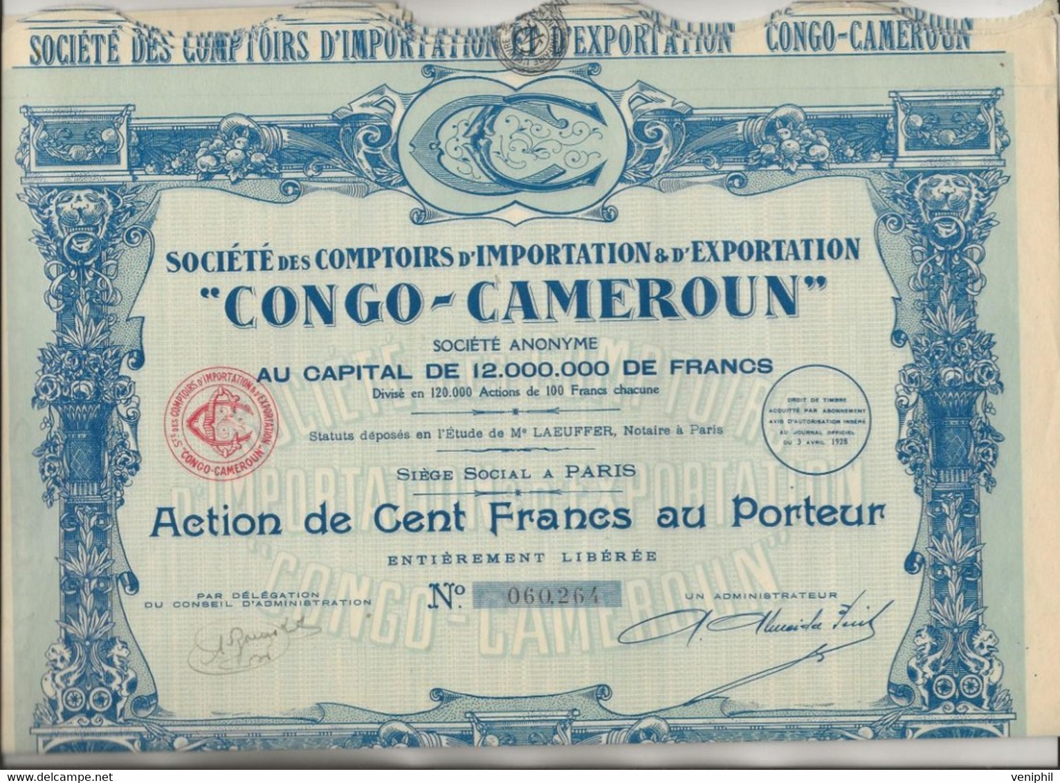 COMPTOIRS D'IMPORTATIONET D'EXPORTATION "CONGO - CAMEROUN " LOT DE 8 ACTIONS DE 100 FRS -ANNEE 1928 - Africa