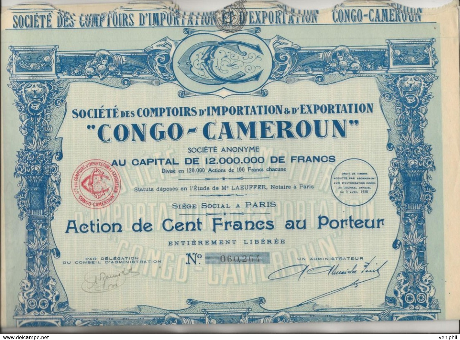 COMPTOIRS D'IMPORTATIONET D'EXPORTATION "CONGO - CAMEROUN " LOT DE 8 ACTIONS DE 100 FRS -ANNEE 1928 - Afrique