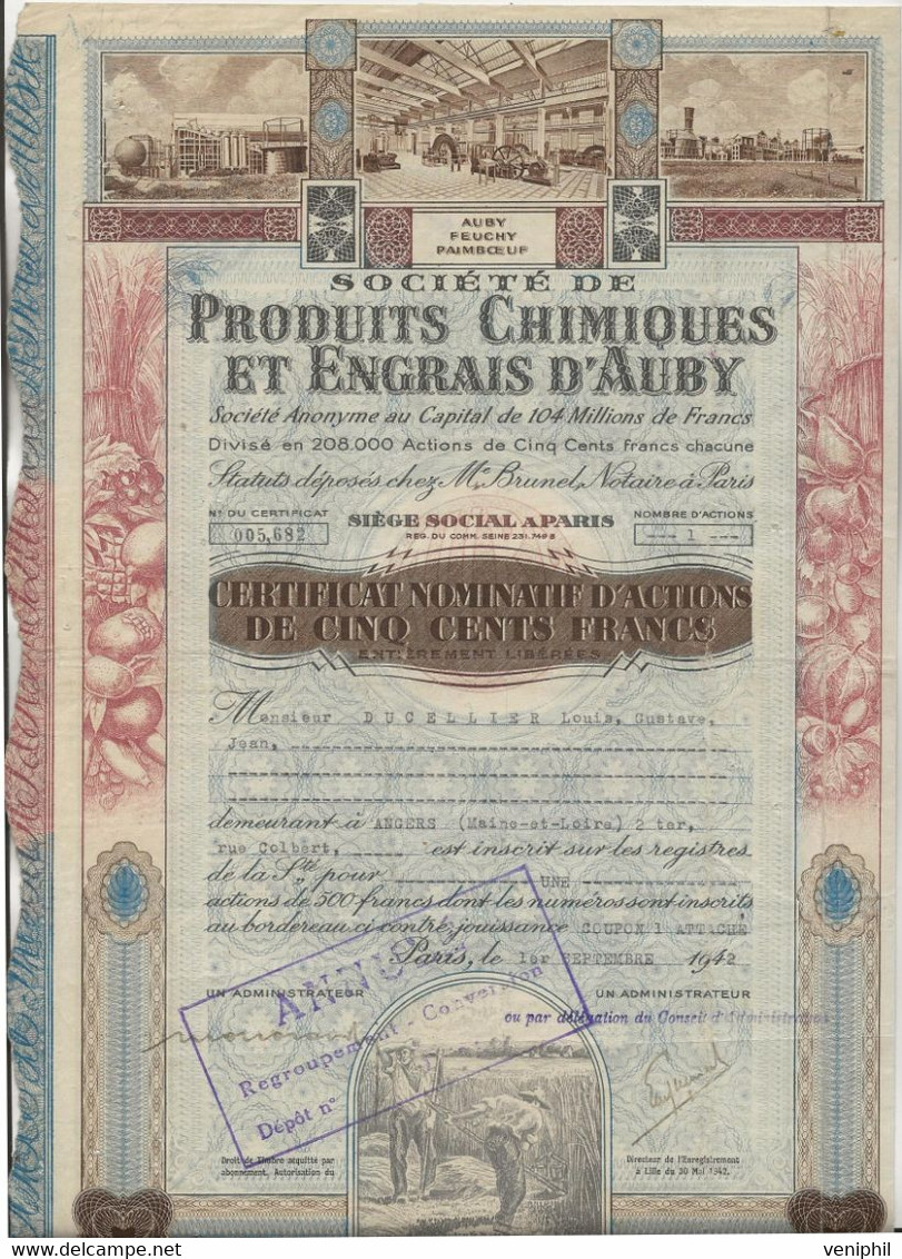 SOCIETE DE PRODUITS CHIMIQUES ET ENGRAIS D'AUBY -CERTIFICAT NOMINATIF D'ACTIONS DE 500 FRS -ANNEE 1942 - Agriculture