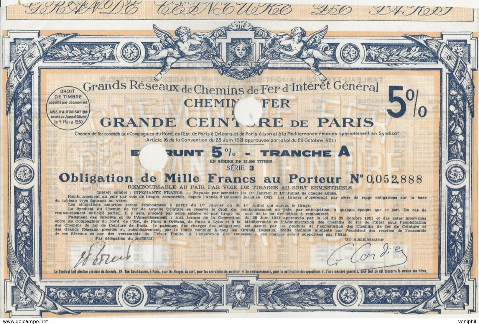 GRANDS RESEAUX CHEMINS DE FER -GRANDE CEINTURE DE PARIS 1929 -OBLIGATION 1000 FRS - Bahnwesen & Tramways