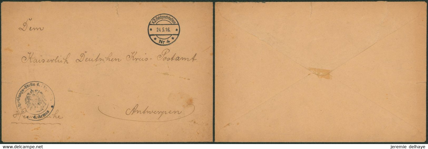 Guerre 14-18 - Feldpostbrief + Cachet Avec Aigle "Postprüfungs-Stelle D. Etappe / 4. Armee" (Nr 4, 1916) > Antwerpen - Deutsche Armee