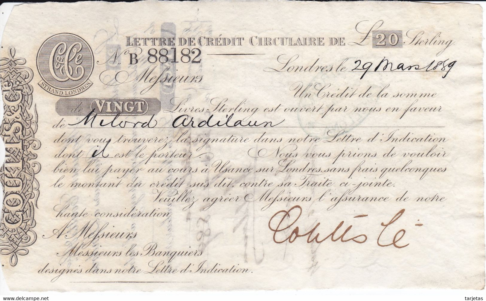 BILLETE DE REINO UNIDO DE 20 POUNDS DE COUTTS & Cª STRAND LONDRES DEL AÑO 1889  (LETTRE CREDIT) - 20 Pounds