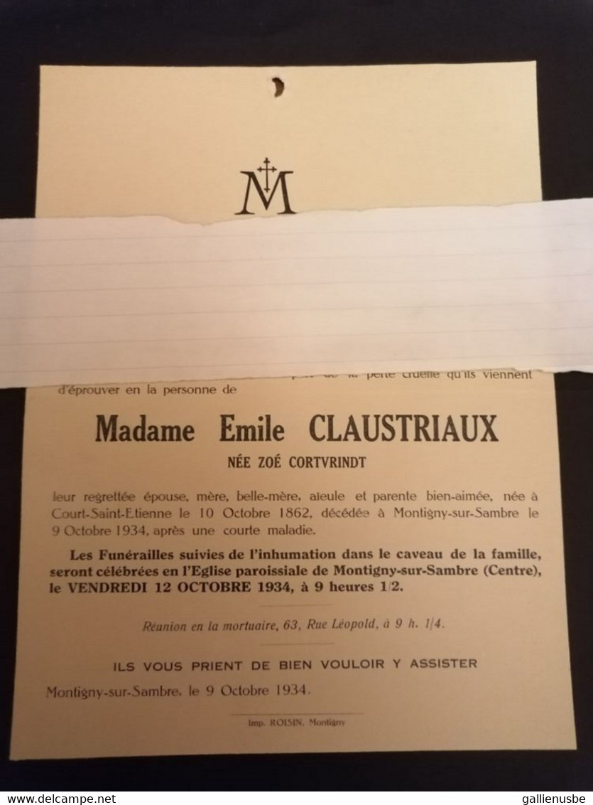 Zoe Cortvrindt , épouse Emile Claustriaux, Née à Court St Etienne, Dcd à Montignies Sur Sambre En 1934 - Avvisi Di Necrologio