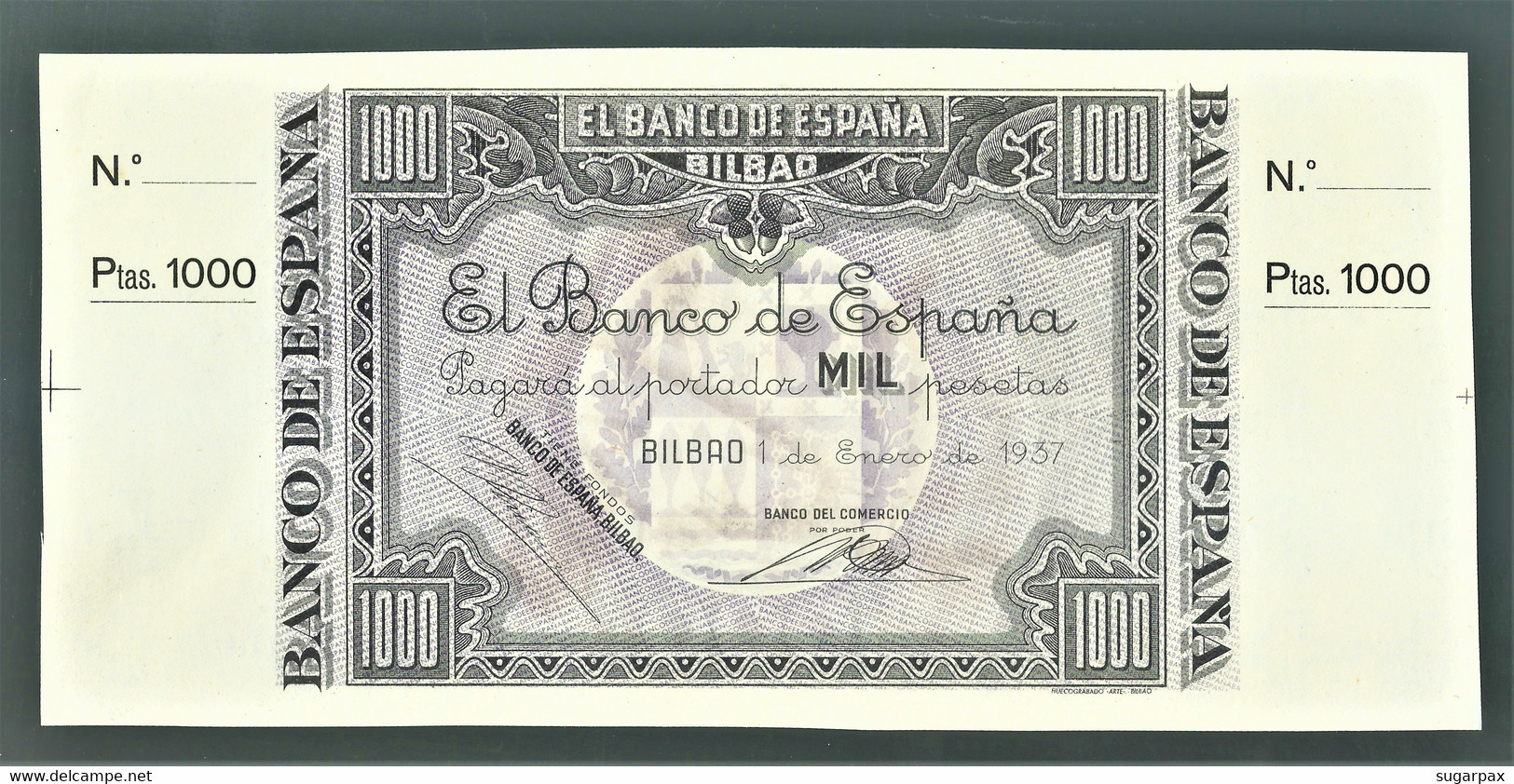 ESPAÑA ( Bilbao ) 1000 Pesetas 1.1.1937 - Pick S 567.b.s - Large Banknote ( 254 X 120 ) Mm - With Counterfoil Civil War - 1000 Pesetas