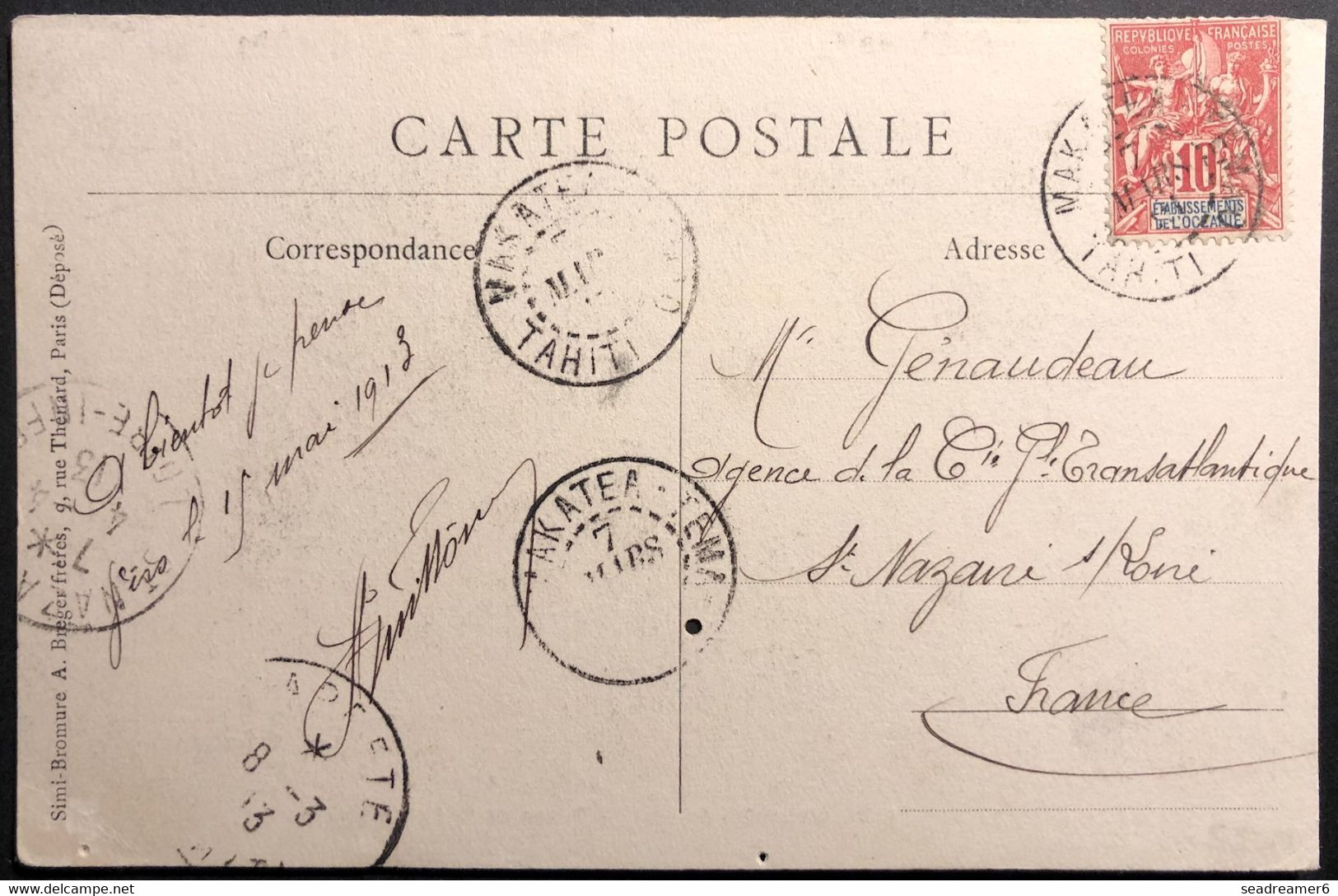 France Colonies Océanie Carte "types De La Police Locale" N°10c Obl Dateur MAKATEA TEMAO Par Papeete Pour St NAZAIRE RR - Storia Postale