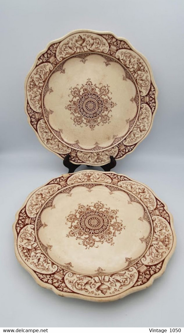 ✅Assiette X2 Victorian WEDGWOOD 1884 Coll. Queen Charlotte RD1474 Diam 23cm #rare #eathernware #sepia #collection - Wedgwood