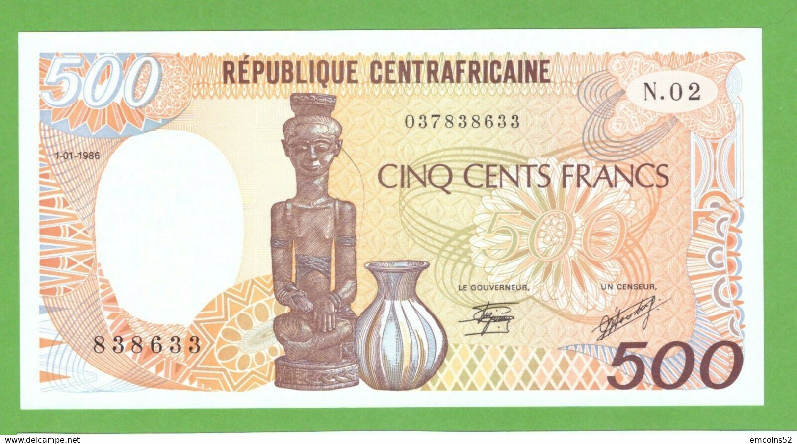 CENTRAL AFRICAN REPUBLIC 500 FRANCS 1986  P-14b  ABOUT UNC - Centrafricaine (République)