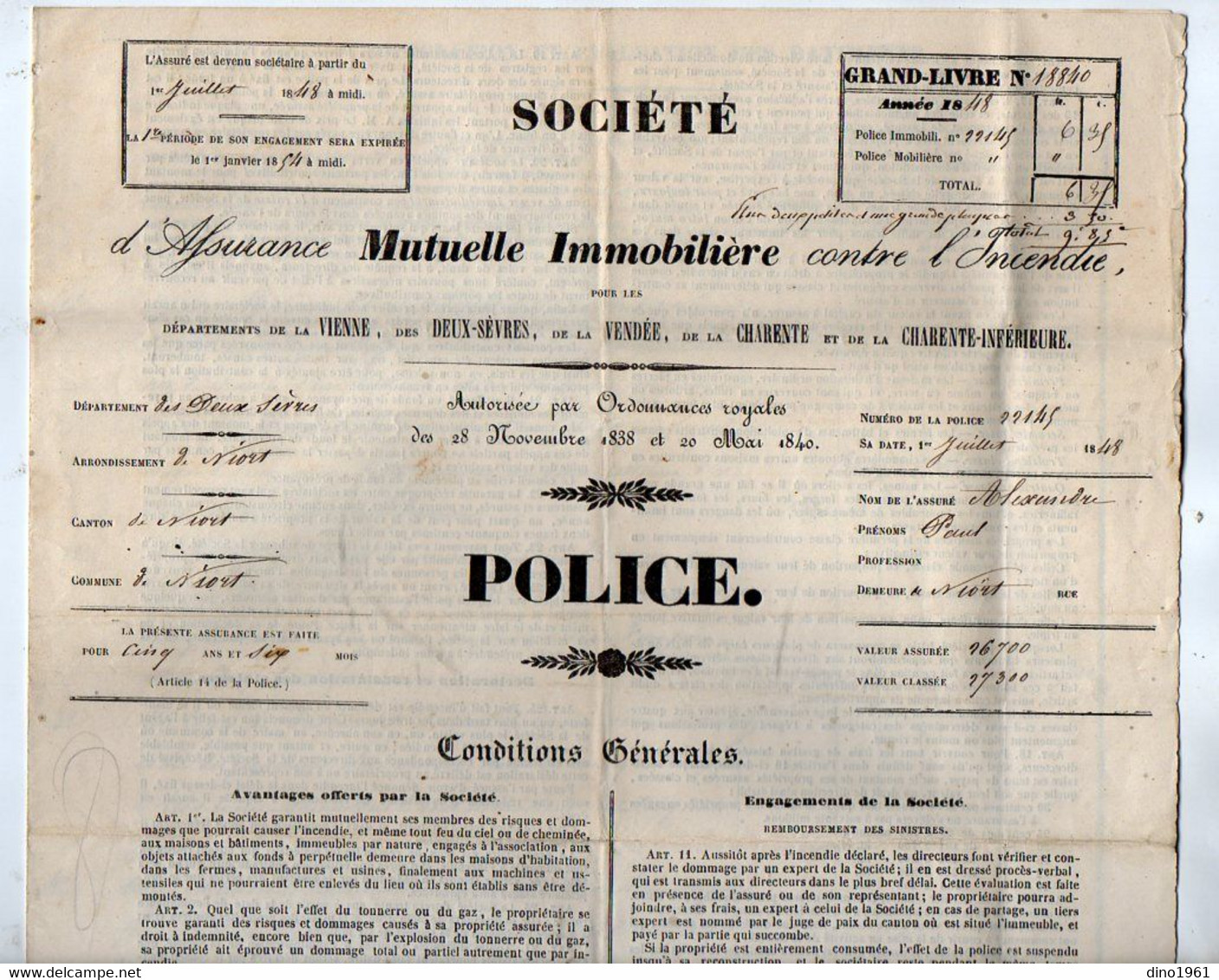 VP18.961 - POITIERS 1848 - Police D'Assurance - Société Mutuelle Immobilière - Mr Paul ALEXANDRE à NIORT - Banque & Assurance