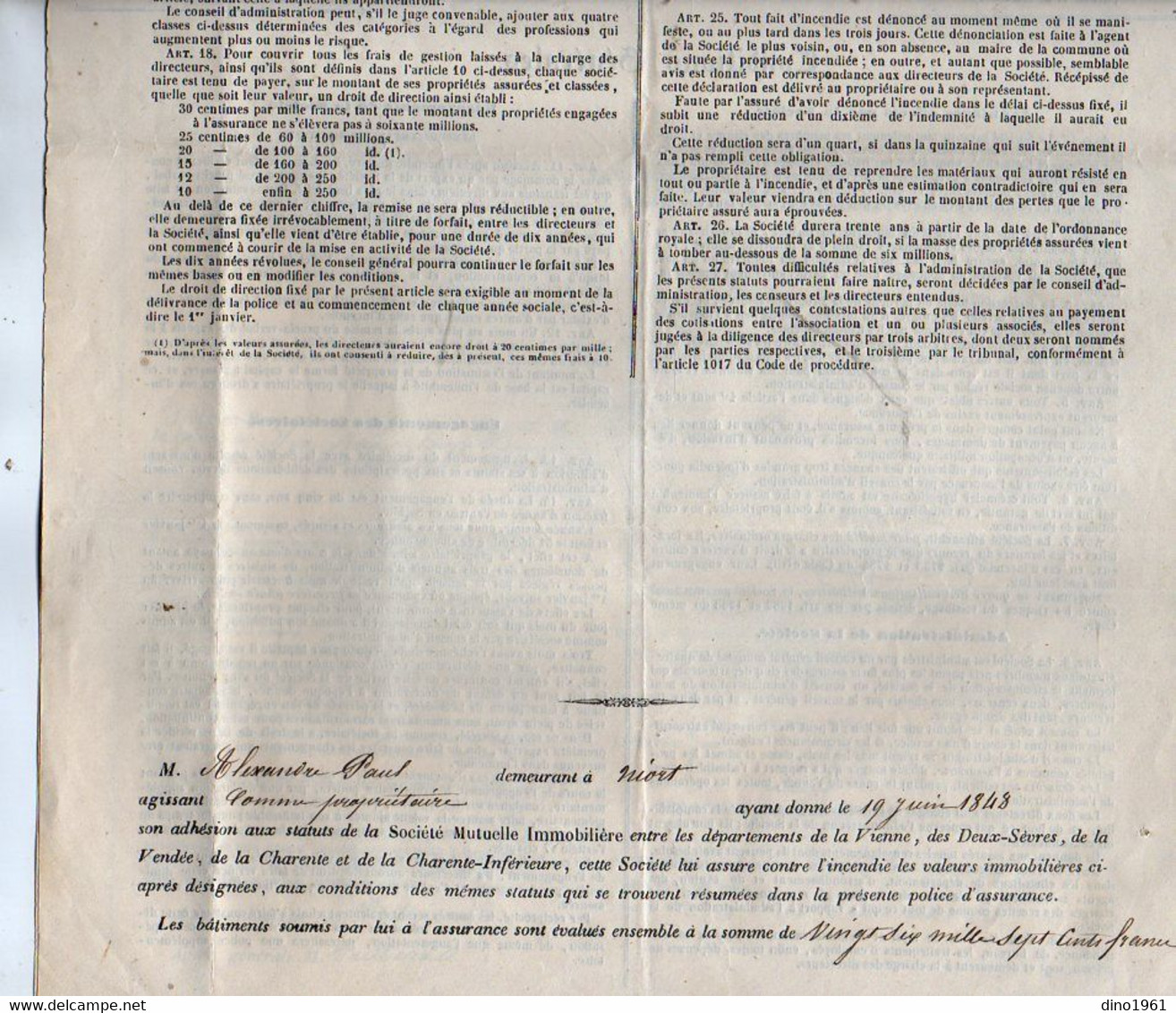 VP18.961 - POITIERS 1848 - Police D'Assurance - Société Mutuelle Immobilière - Mr Paul ALEXANDRE à NIORT - Banque & Assurance