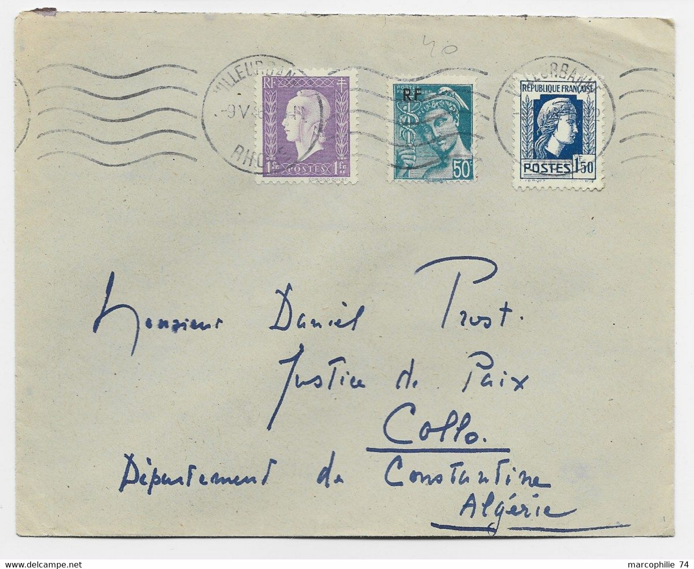 FRANCE MARIANNE ALGER +50C MERCURE RF +1FR DULAC LETTRE VILLEURBANNE 9.V.1946 AU TARIF - 1944 Hahn Und Marianne D'Alger