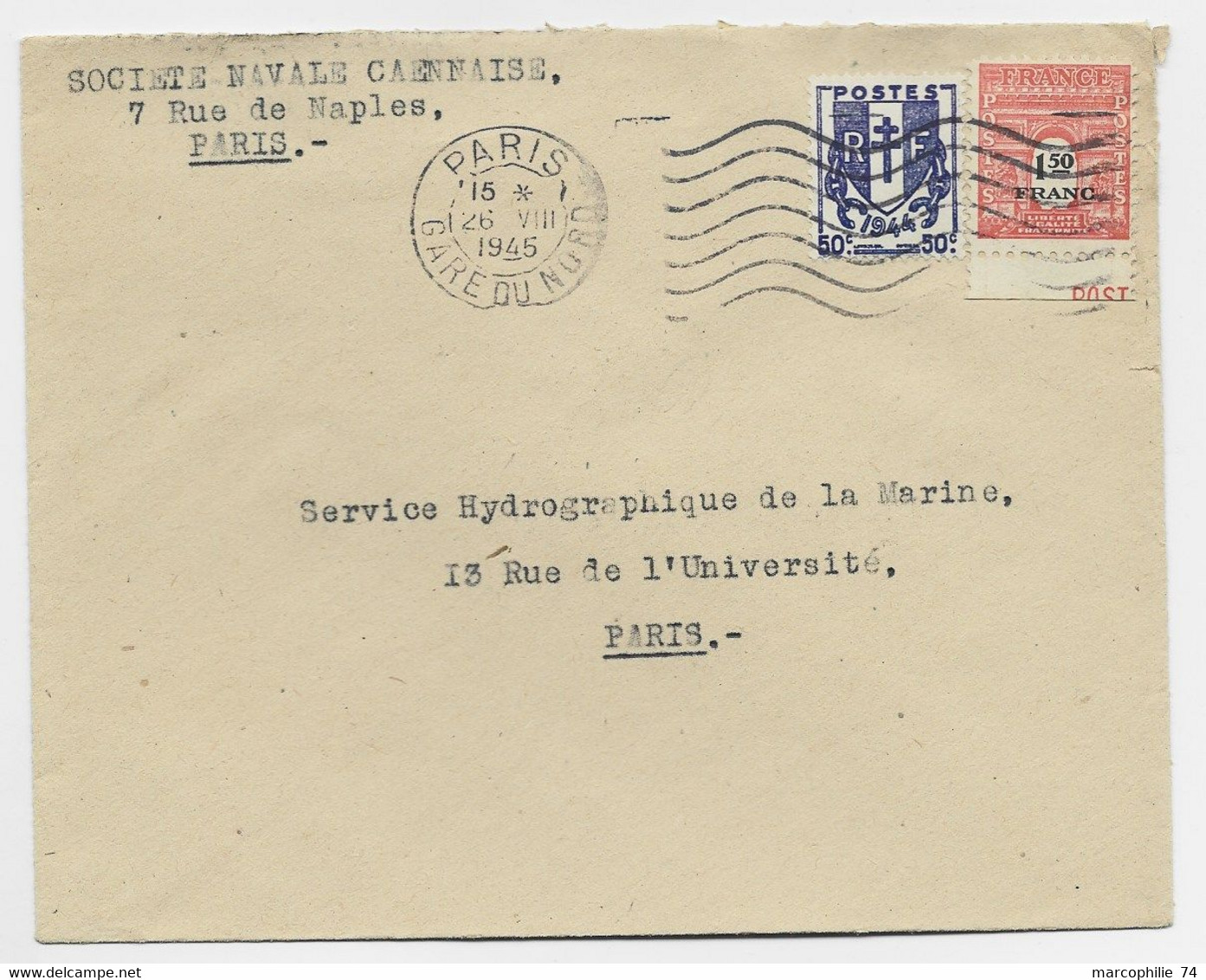 FRANCE N° 708 BDF +50C CHAINE LETTRE MEC PARIS GARE DU NORD 26.VIII.1945 AU TARIF - 1944-45 Arc De Triomphe