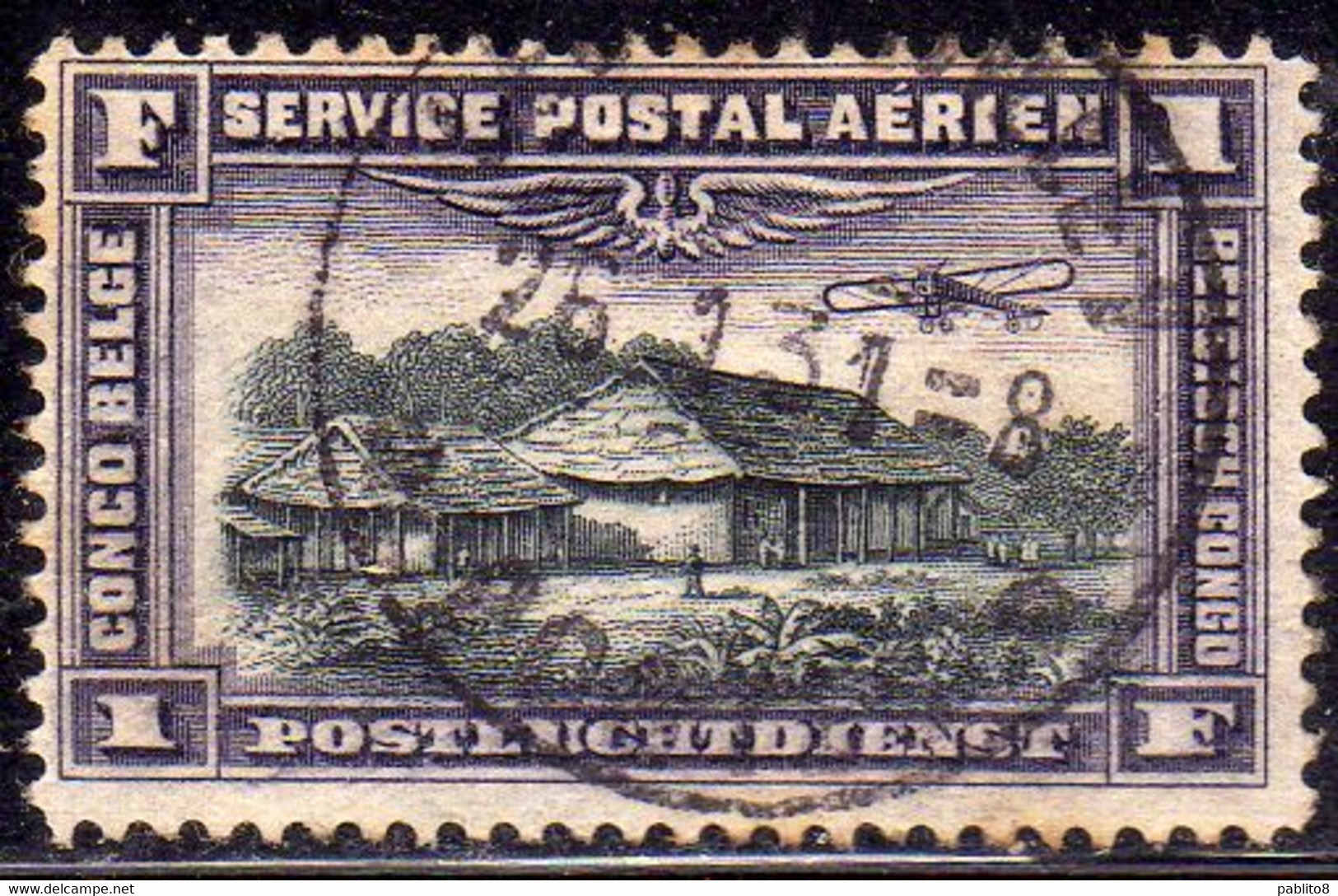 BELGIAN CONGO BELGA BELGE 1920 AIR POST STAMPS SERVICE POSTAL AERIEN COUNTRY STORE 1fr USED OBLITERE' USATO - Used Stamps