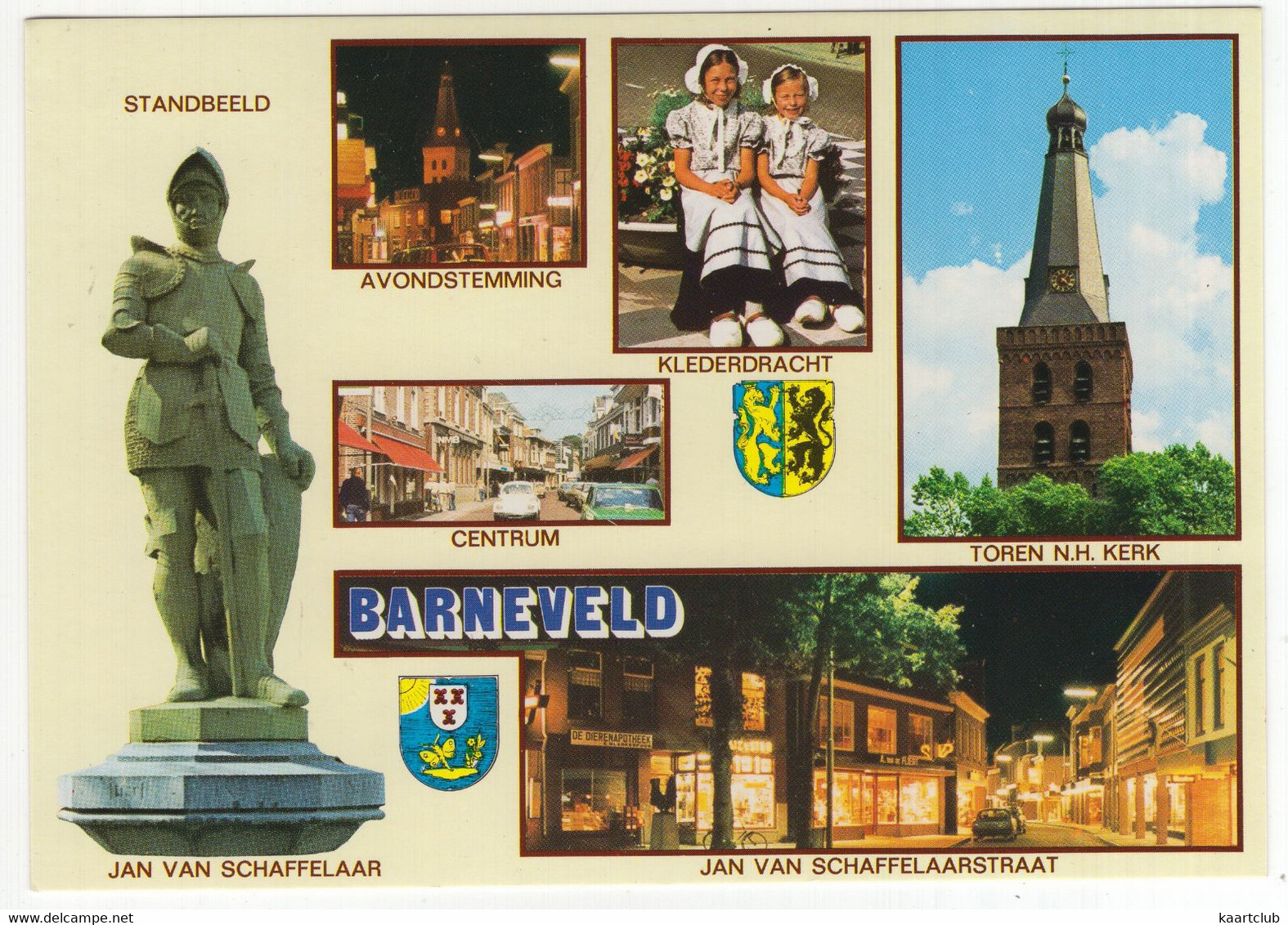 Barneveld: Standbeeld Jan V. Schaffelaar & Straat, Toren NH Kerk, Centrum, Klederdracht - (Gelderland, Nederland) - Barneveld