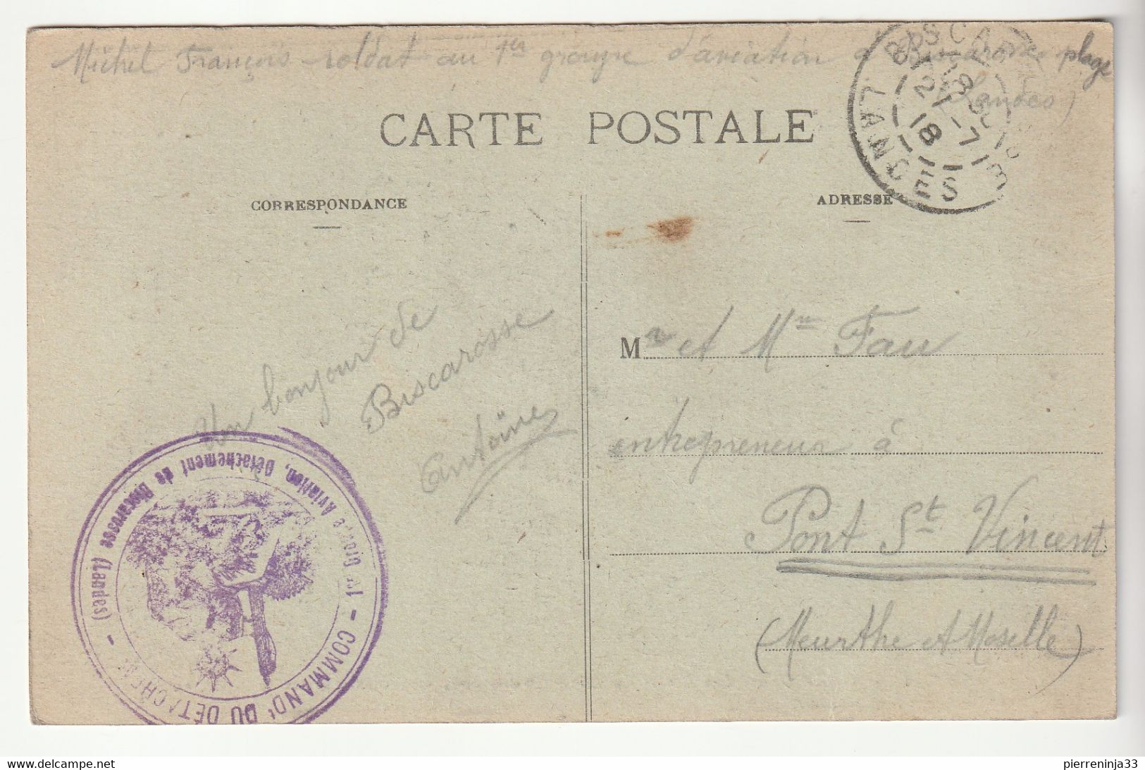 Carte  Cazeaux / Gironde, Bords Du Lac Et Promenade En Voiture à Sable + Cachet "1er Groupe Aviation/Biscarosse, 1918" - Autres & Non Classés