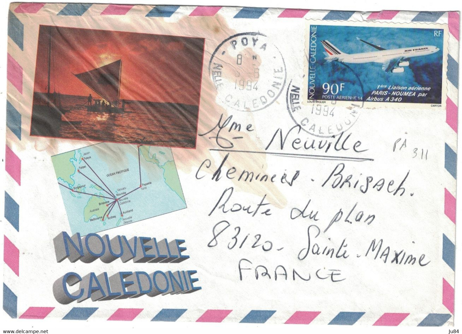 Nouvelle-Calédonie - Poya - Lettre Avion Pour Sainte-Maxime (France) - 90f 1ère Liaison Aérienne Paris Nouméa A340- 1994 - Gebruikt