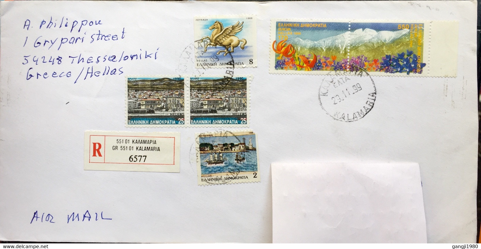 GREECE 1999 ,NICE 10 STAMPS REGISTERED AIRMAIL COVER TO INDIA,FLYING HORSE ,NATURE ,FLOWER ,MOUNTAIN,SHIP, TOWN VIEW, - Cartas & Documentos