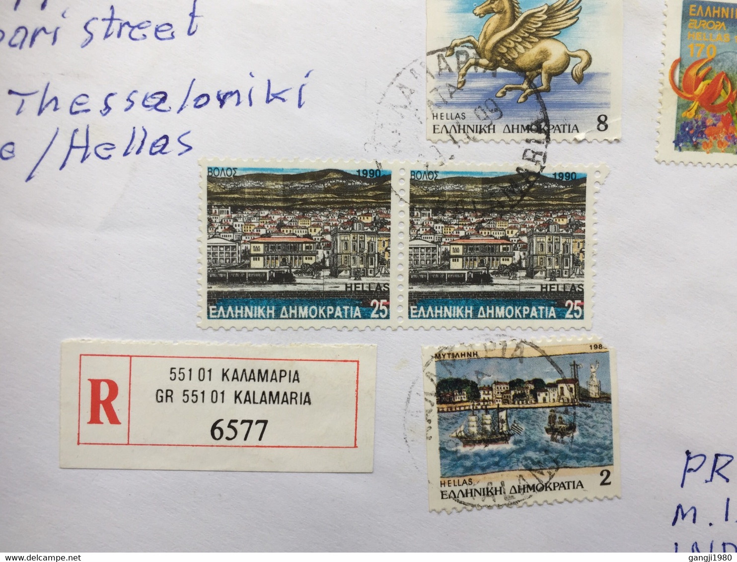 GREECE 1999 ,NICE 10 STAMPS REGISTERED AIRMAIL COVER TO INDIA,FLYING HORSE ,NATURE ,FLOWER ,MOUNTAIN,SHIP, TOWN VIEW, - Covers & Documents