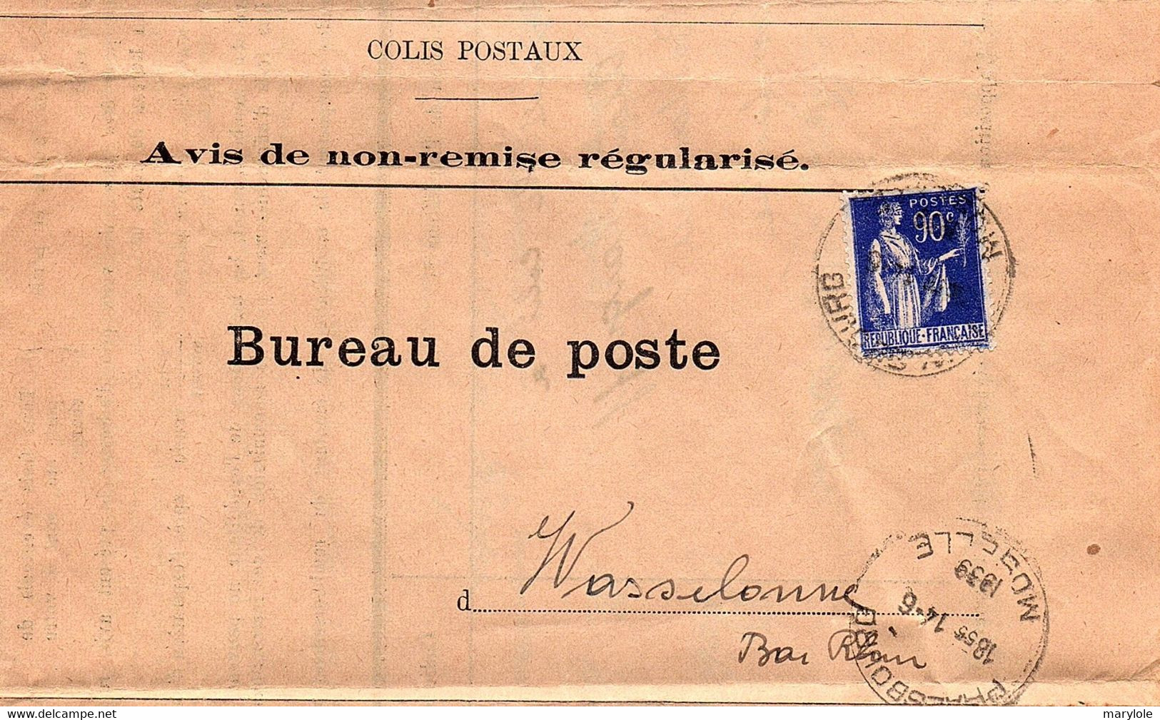 COLIS POSTAUX -  Avis De Non-livraison Et De Non-remise Pour WASSELONNE En 1939 . - Briefe U. Dokumente