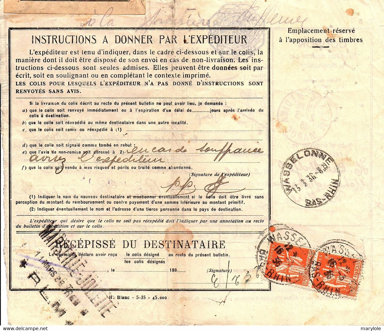 Bulletin D'expédition De Colis Postaux  De Meknes - Médina (Maroc) Pour Wasselonne En 1936. - Briefe U. Dokumente