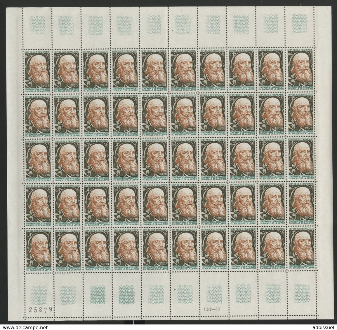 N° 1767 0,45 Fr HANSEN Découverte De La Lèpre Feuille De 50 Ex. Vendue à La Valeur Faciale. ** MNH Cote 25 € - Full Sheets