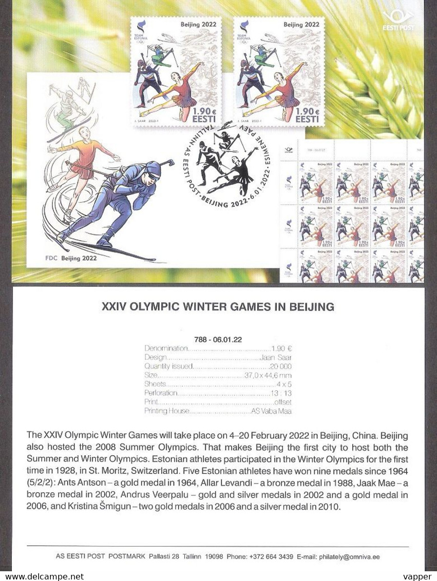 Winter Olympic Games 2022 Estonia Stamp Presentation Card (eng) Mi 1032 - Inverno 2022 : Pechino