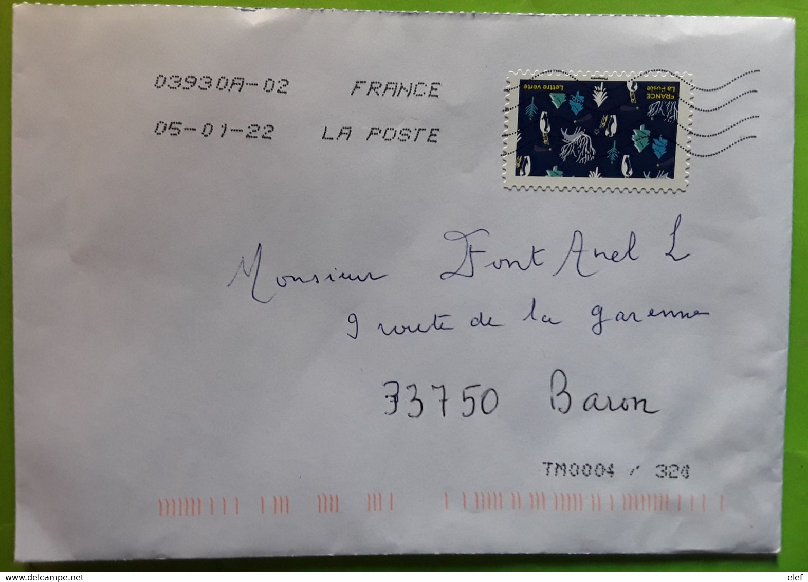 France Lettre Verte Avec Timbre CERF Et Pingouin Deer & Penguin , Janvier 2022 , TB - Cartas & Documentos