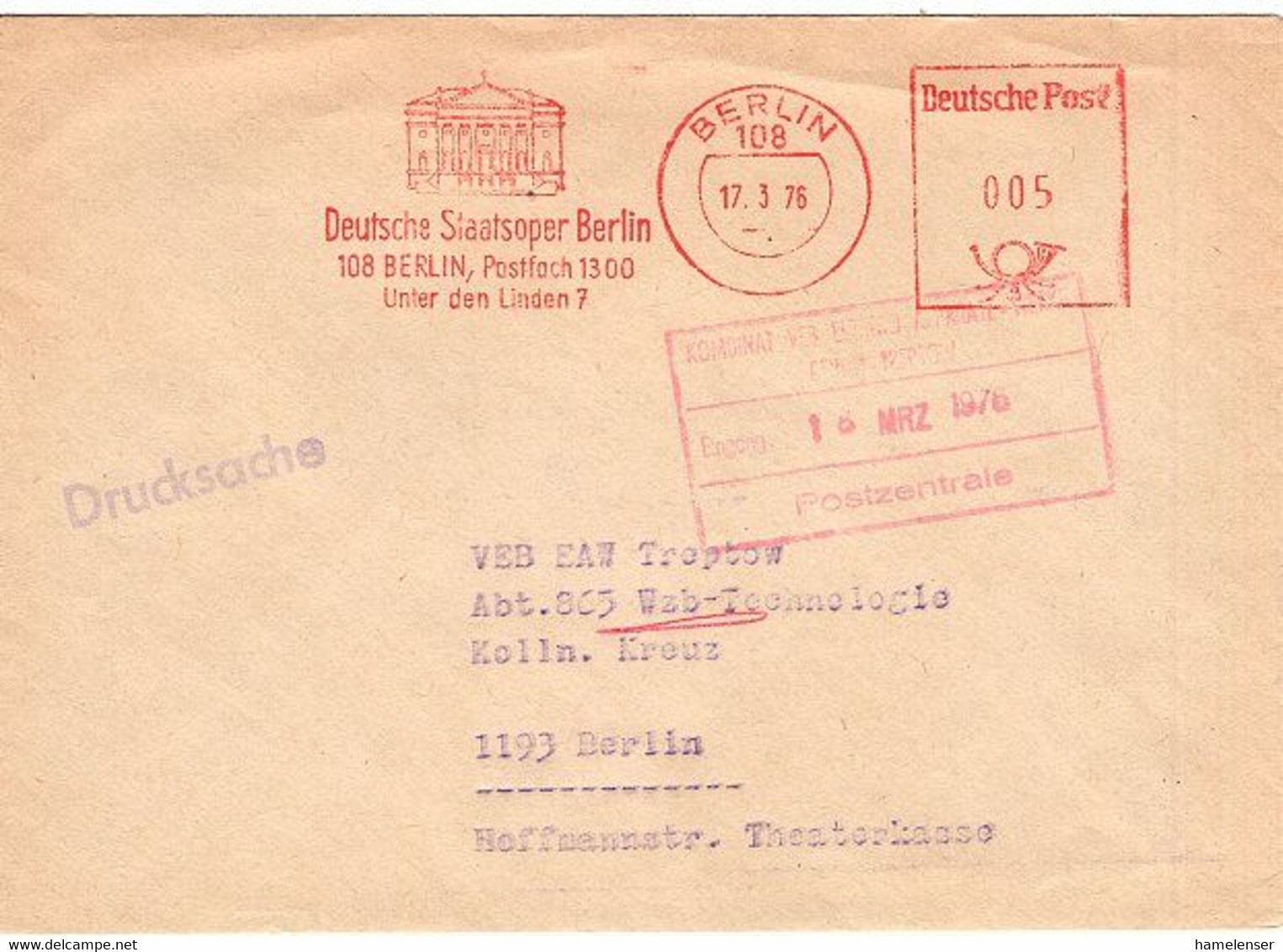 50595 - DDR - 1976 - 20Pfg. AFS A. Bf. Innerh. BERLIN - DEUTSCHE STAATSOPER ... - Musique