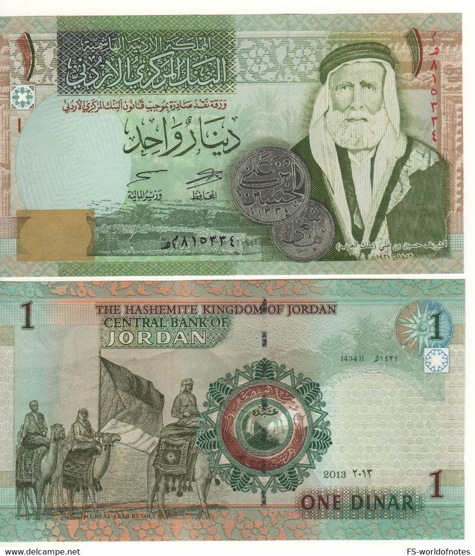 JORDAN 1 Dinar  P34g  Dated 2013  (Sherif Hussein Ibn Ali At Front + Great Arab Revolt At Back)  UNC - Jordanien