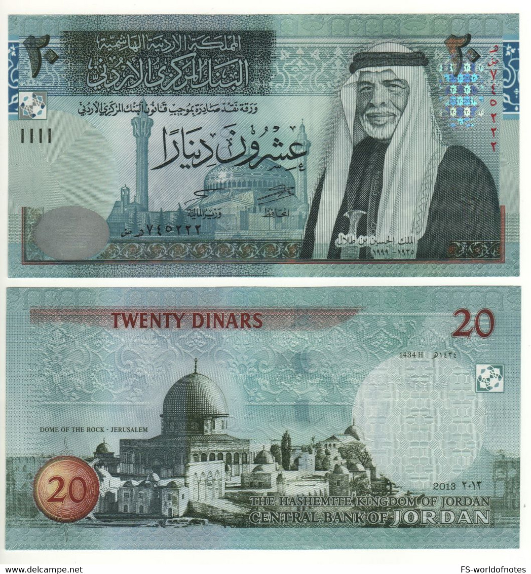 JORDAN 20 Dinars  P37d   Dated 2013  ( King Hussein II + Al-Aqsa Mosque / Dome Of The Rock, Jerusalem At Back )  UNC - Jordanie