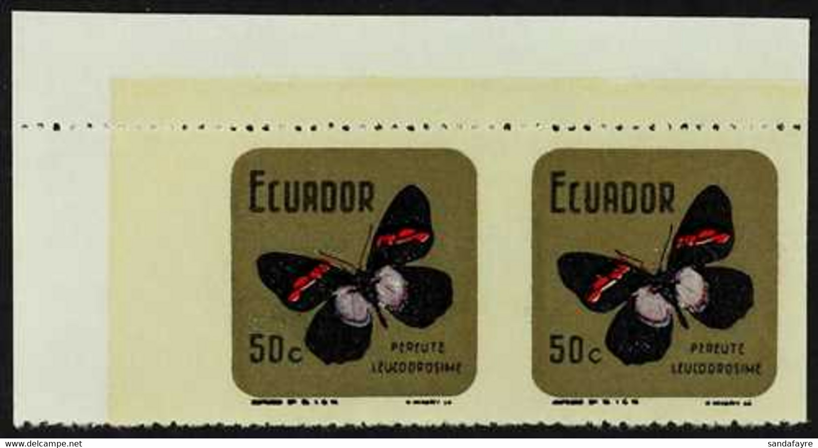 1970 50c Butterflies Coloured Background IMPERF VERTICALLY Variety (Scott 793 Var, SG 1384 Var), Never Hinged Mint Upper - Ecuador