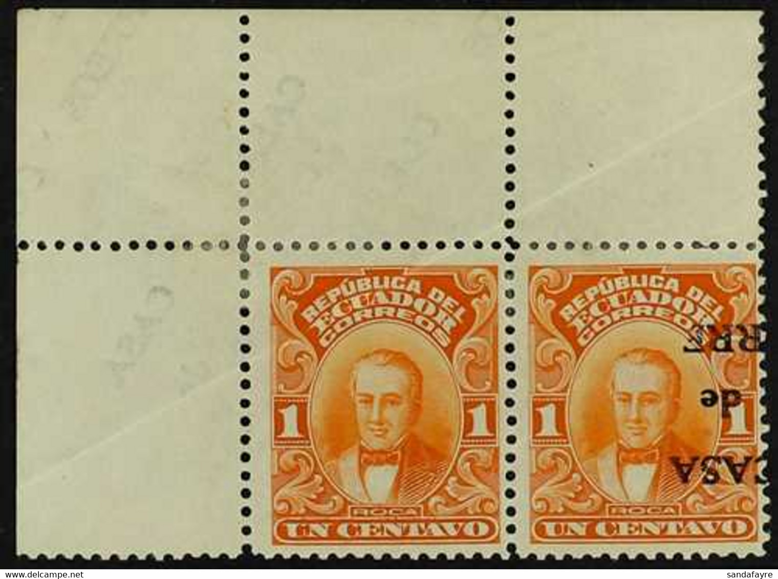 POSTAL TAX 1920 1c Orange OVERPRINT INVERTED Variety, Scott RA1 Var, Fine Mint Upper Left Corner PAIR Showing A Spectacu - Ecuador