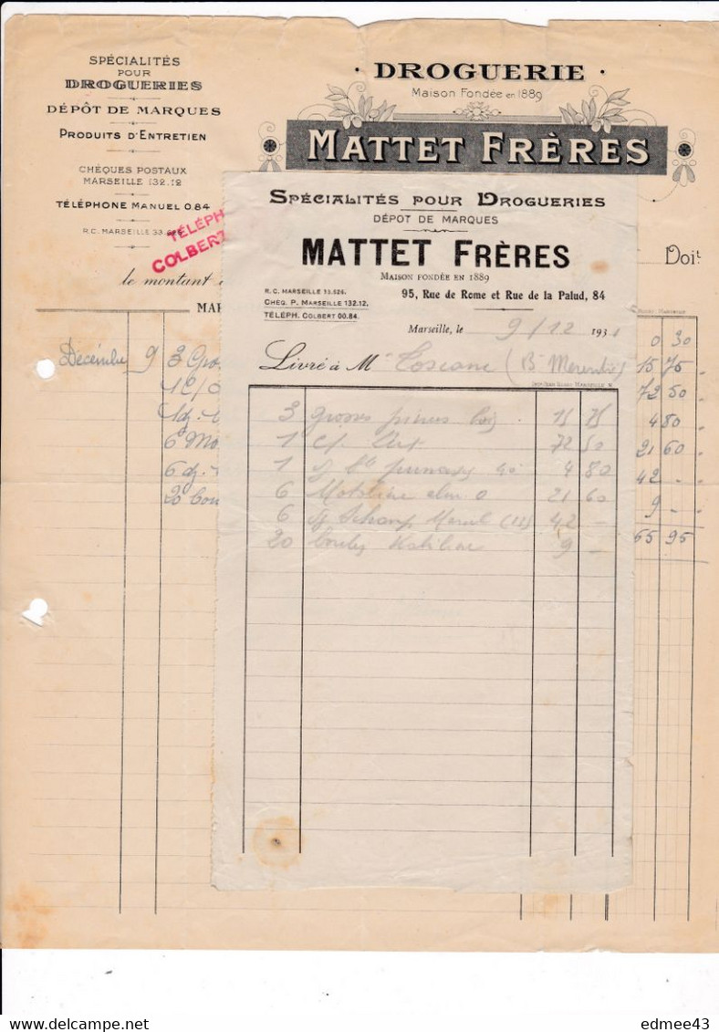 2 Documents Attachés 1931 Droguerie MATTET Frères, Rue De Rome / Rue De La Palud, Marseille - Droguerie & Parfumerie