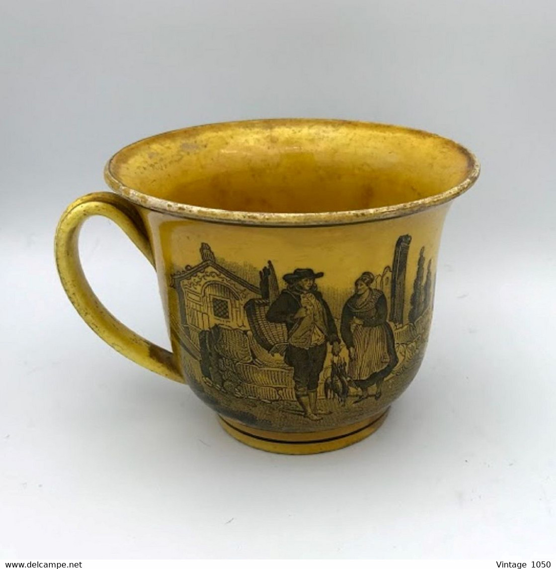 ✅Tasse XIXe L.LEBEUF & THIBAULT MONTEREAU 1825-1835 estampillé DR TT Jaune faïence  décor grisaille #rare #collection