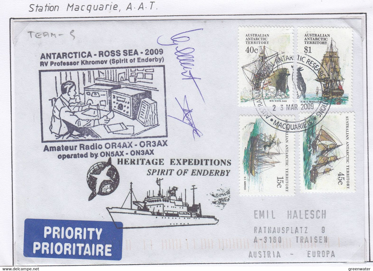 AAT Macquerie Island  2009 Cover Amateur Radio M/v Spirit Of Enderby 2 Signatures (AB213B) - Briefe U. Dokumente