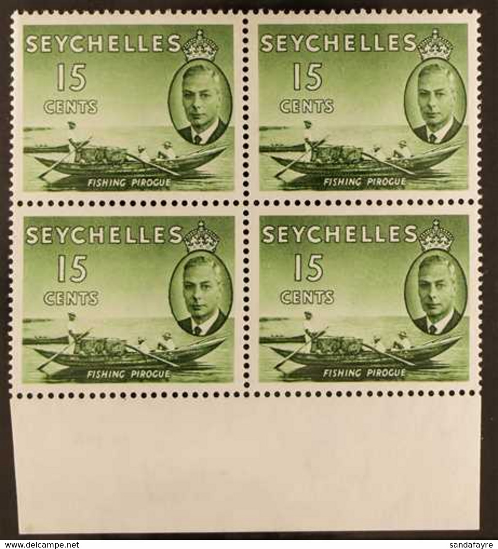 1952 15c Deep Yellow Green, Fishing Pirogue, Bottom Marginal Block Of 4, One Showing The Variety "Error St St Edward's C - Seychelles (...-1976)