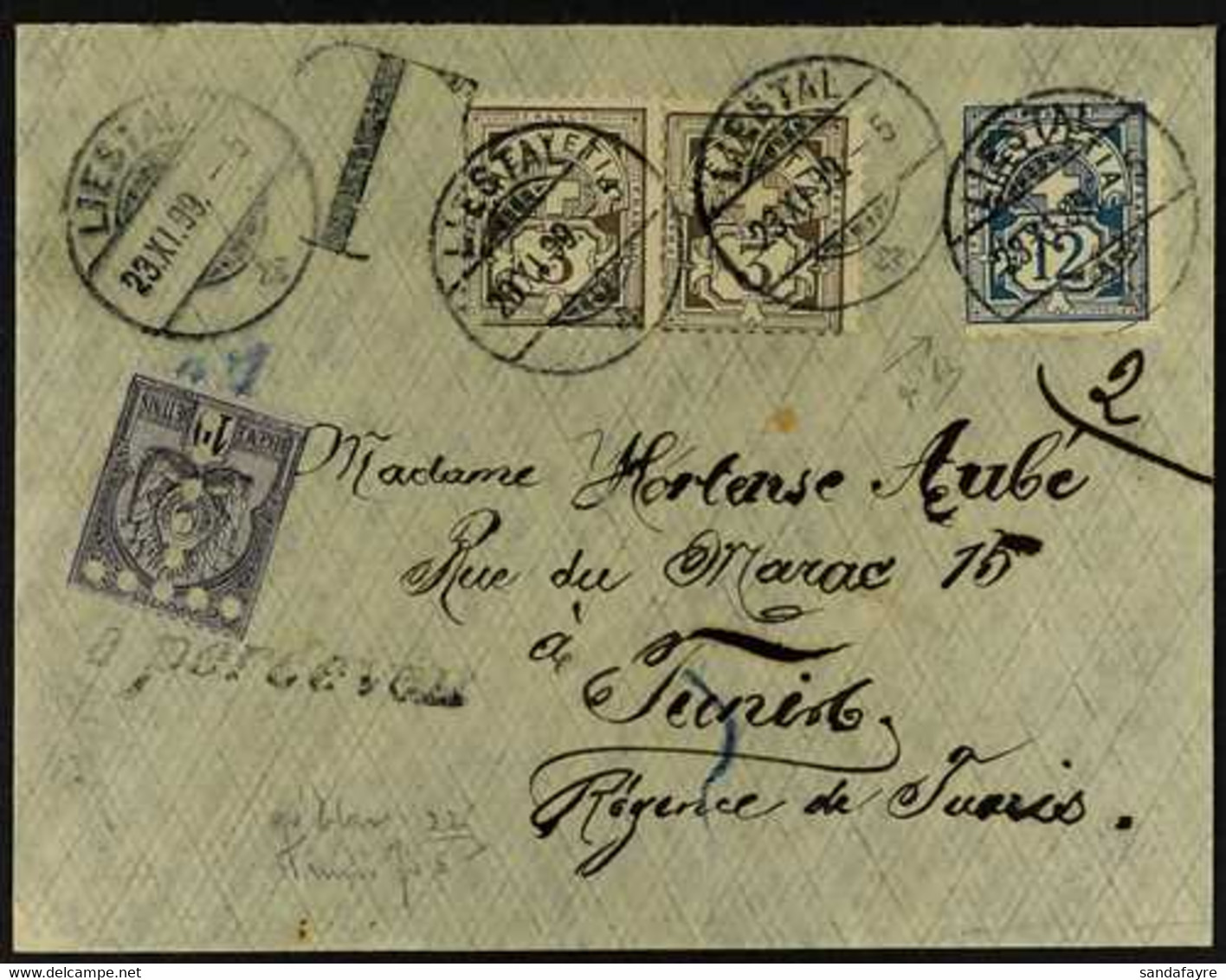 1899 COVER TO TUNISIA (Nov 23rd) An Attractive Cover To Tunis From Switzerland Bearing 3c Pair & 12c Tied By Liestal Cds - Other & Unclassified