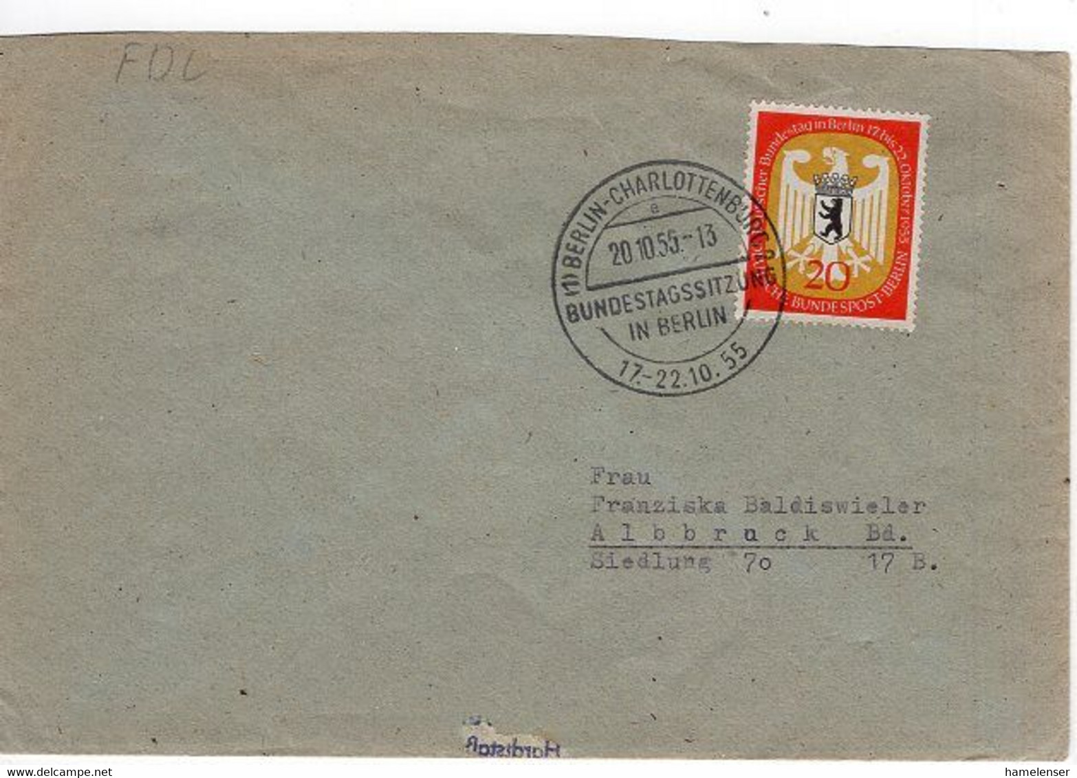 50620 - Berlin - 1955 - 20Pfg. Bundestagssitzung EF A. Bed.-FDC BERLIN -> Albbruck (Klappe Fehlt!) - Storia Postale