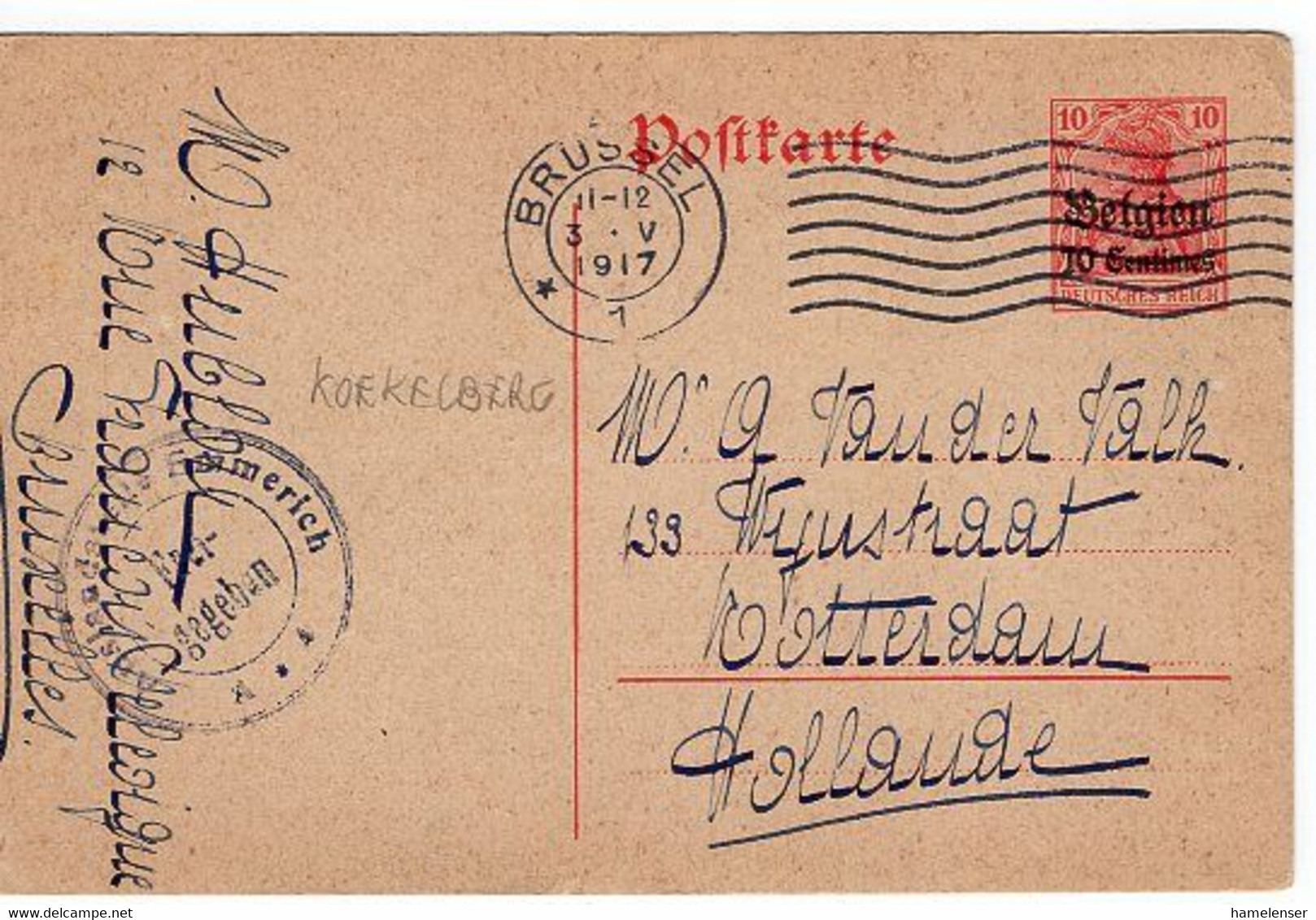 50631 - Dt.Bes. Belgien - 1917 - 10c. Germania GAKte. M. Dt. Zensur BRUESSEL -> Niederlande - Ocupación 1914 – 18