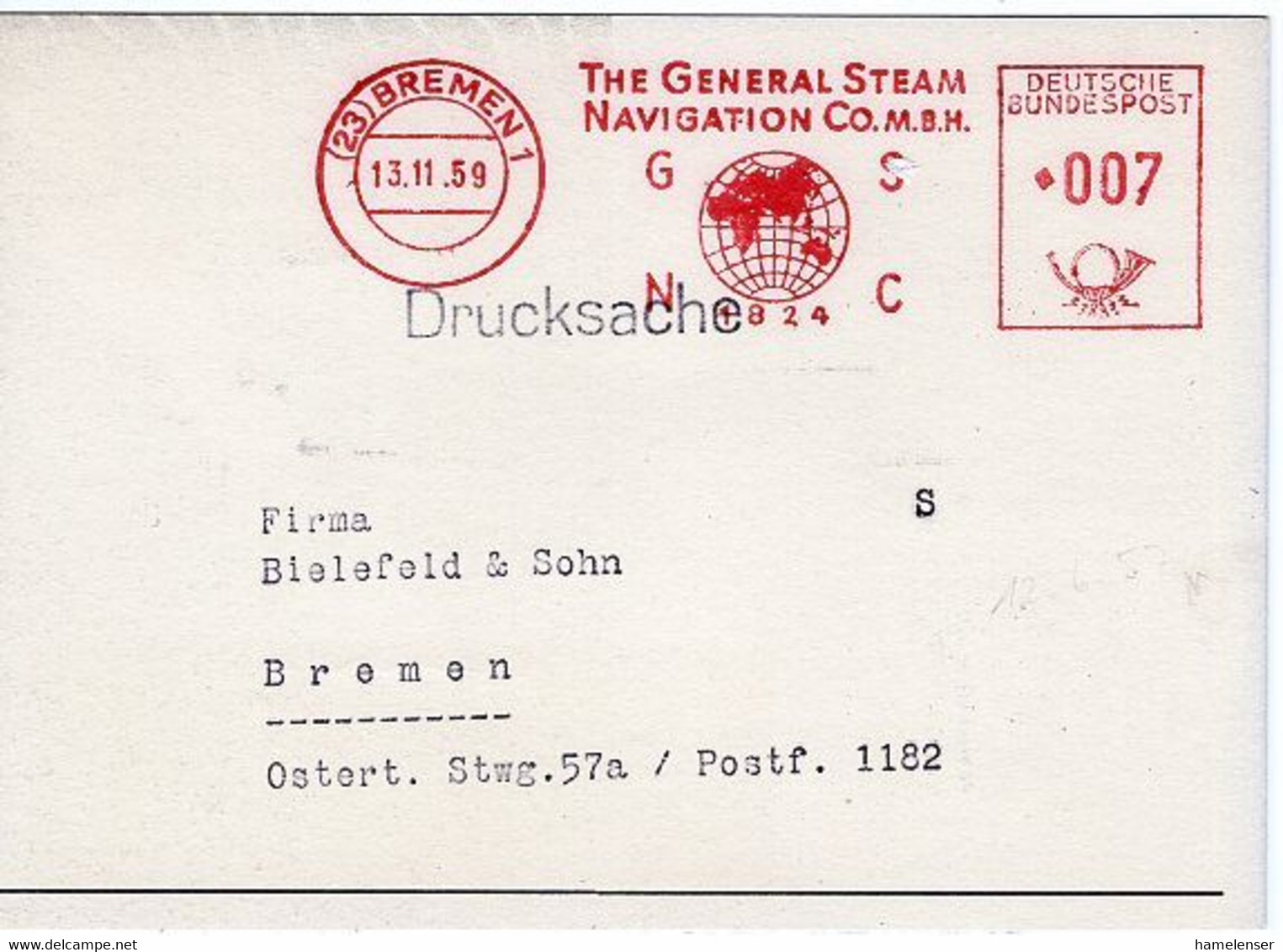 50633 - Bund - 1959 - 7Pfg. AFS A. DrucksKte. BREMEN - THE GENERAL STEAM NAVIGATION CO.M.B.H. -> Bremen - Maritime