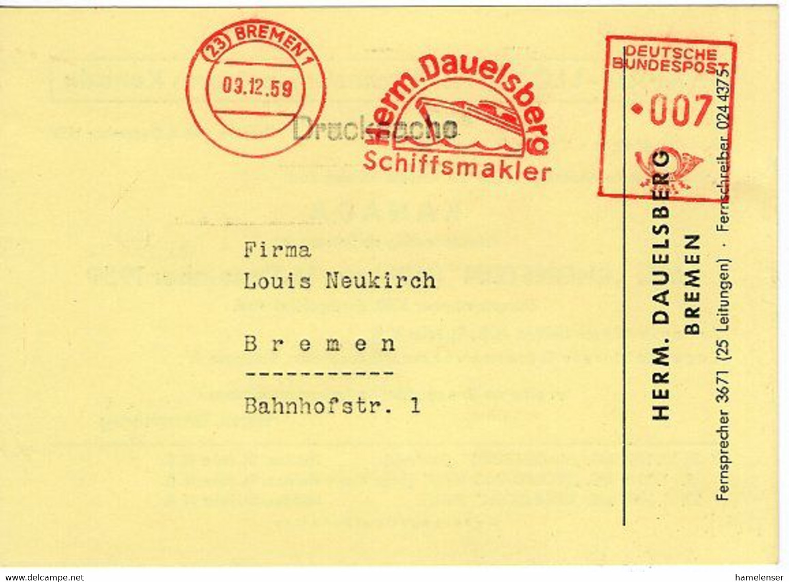 50638 - Bund - 1959 - 7Pfg. AFS A. DrucksKte. BREMEN - HERM. DAUELSBERG SCHIFFSMAKLER -> Bremen - Schiffahrt