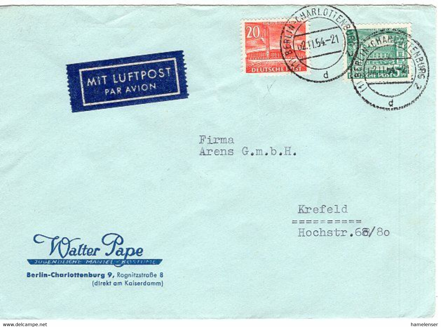 50642 - Berlin - 1954 - 20Pfg. Olympiastadion (Mgl.) MiF A. LpBf. BERLIN -> Krefeld - Storia Postale