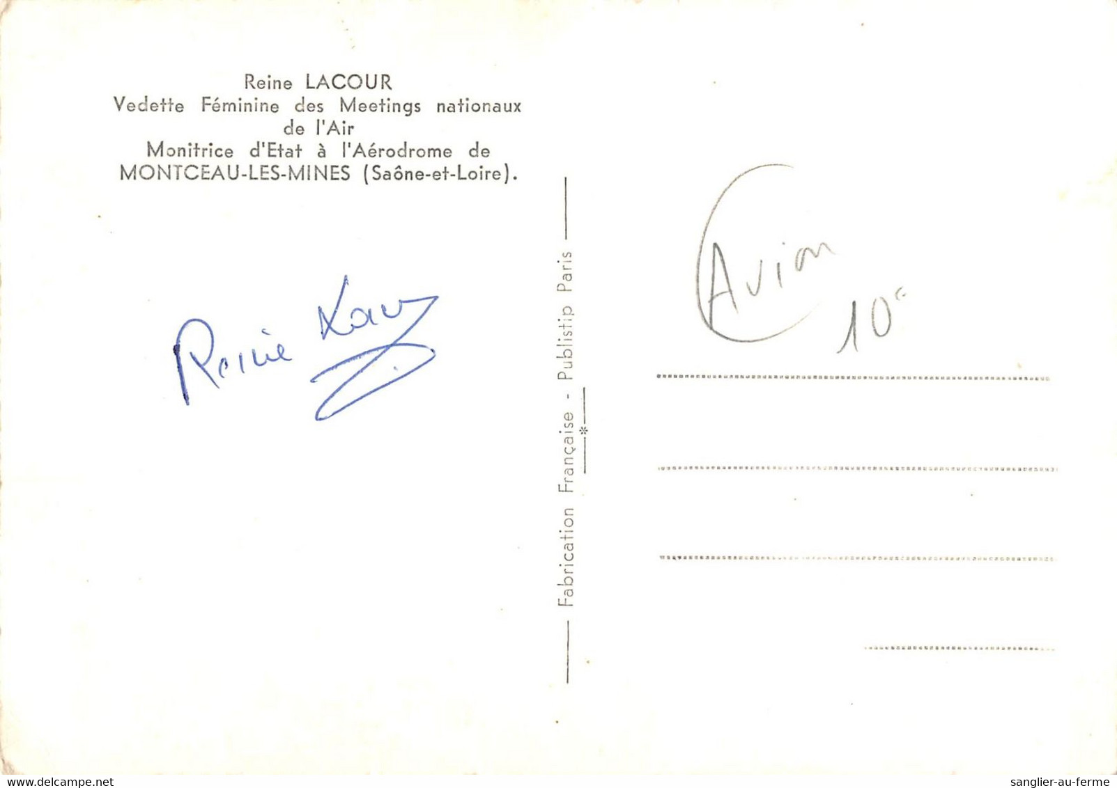 CPA AVIATION REINE LACOUR VEDETTE FEMININE DES MEETINGS NATIONAUX DE L'AIR MONITRICE A MONTCEAU LES MINES (verso - Autres & Non Classés