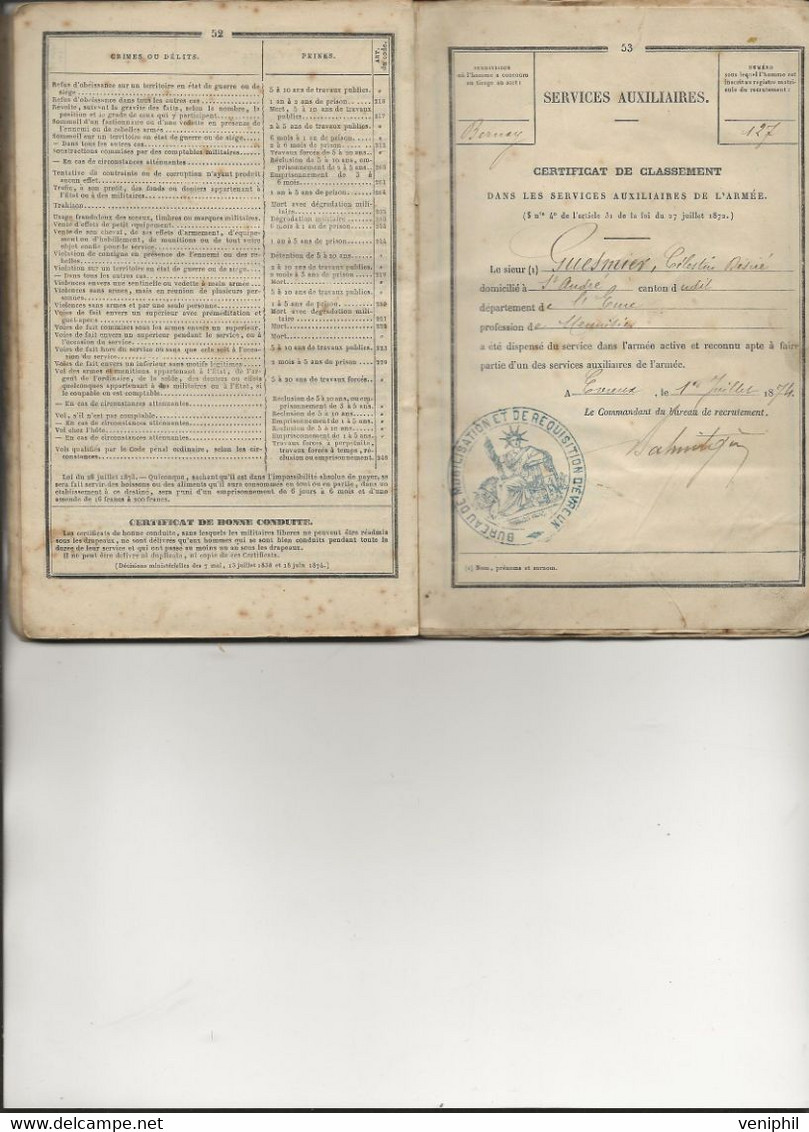 LIVRET MILITAIRE  -SERVICE AUXILIAIRE DE 1877  -EVREUX - -CLASSE 1873 - COMPLET - Documenten