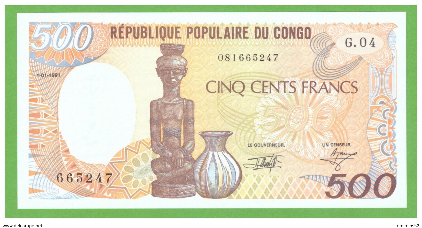 CONGO 500 FRANCS 1991  P-8d UNC - Ohne Zuordnung