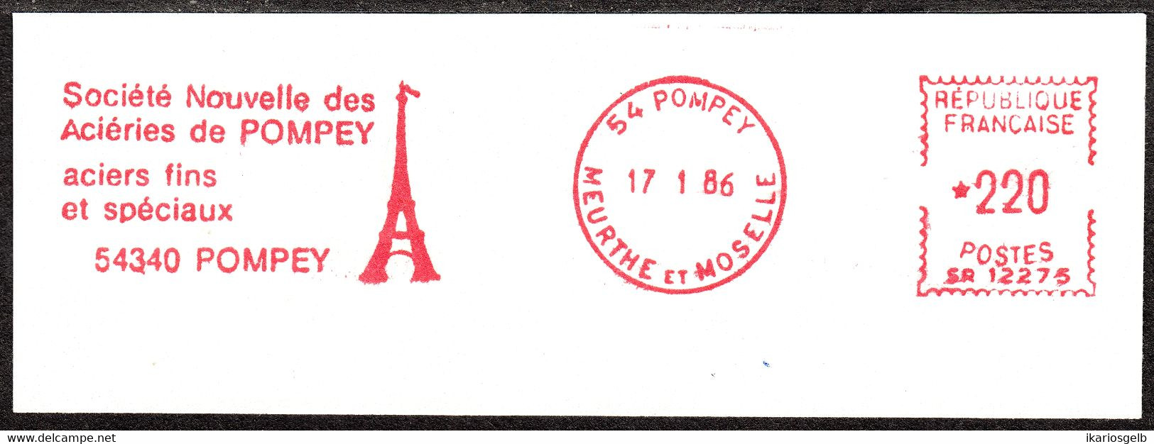 FREISTEMPEL Motiv " Tour Eiffel Eiffelturm " Pompey 1986 Cachet Frankotype Franqueo Meter Mark Affrancatura - 1889 – París (Francia)