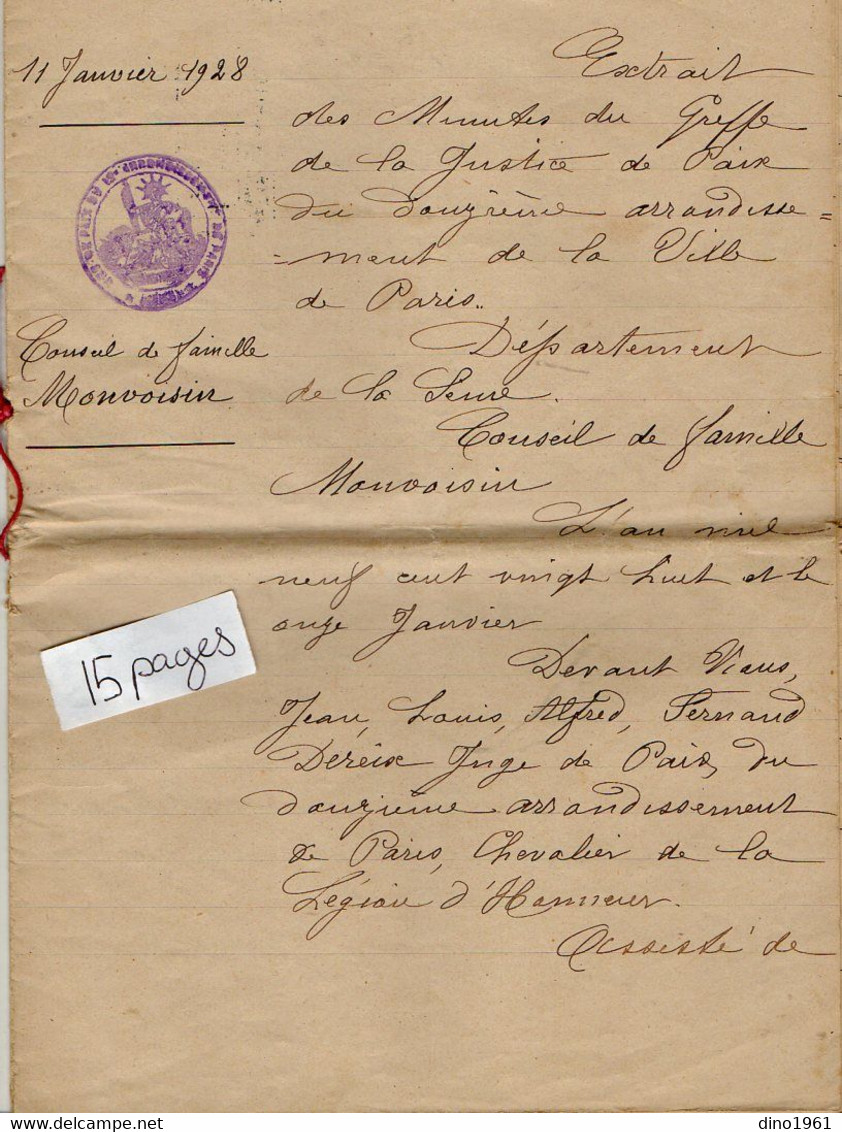VP18.970 - PARIS - Acte De 1928 - Généalogie - Conseil De Famille MONVOISIN - Père Mort Pour La France En 1918 - Manuscrits