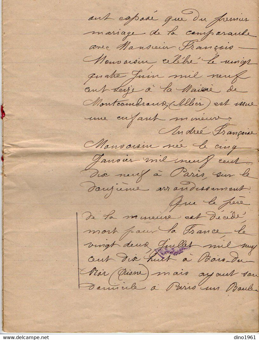 VP18.970 - PARIS - Acte De 1928 - Généalogie - Conseil De Famille MONVOISIN - Père Mort Pour La France En 1918 - Manuscrits