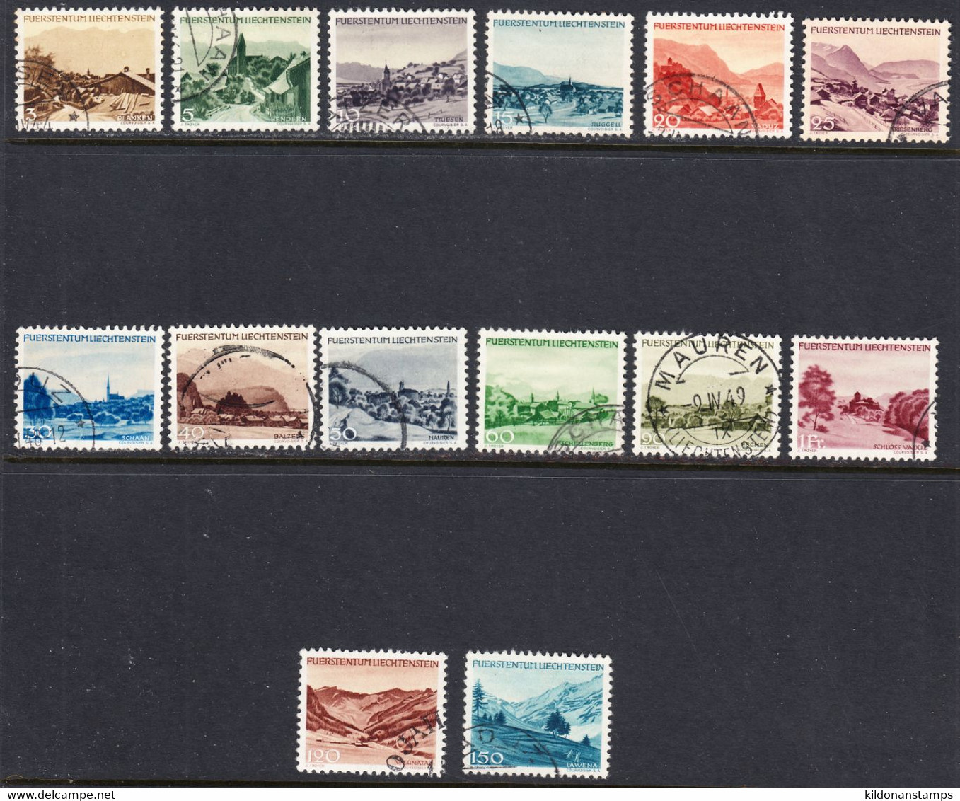 Liechtenstein 1944-45 Views, Cancelled, Sc# 198-211, Yt 197-214, Zu 186-201 - Used Stamps
