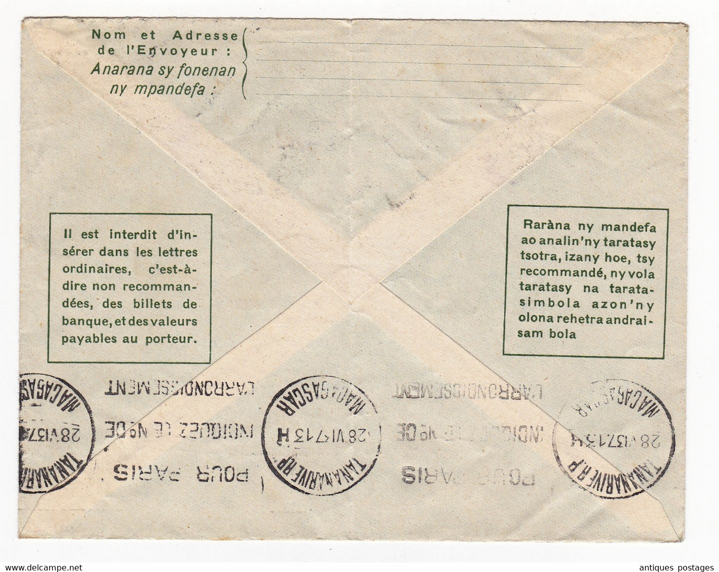 Lettre 1937 Antsirabe Madagascar Entier Postal TSF Tananarive