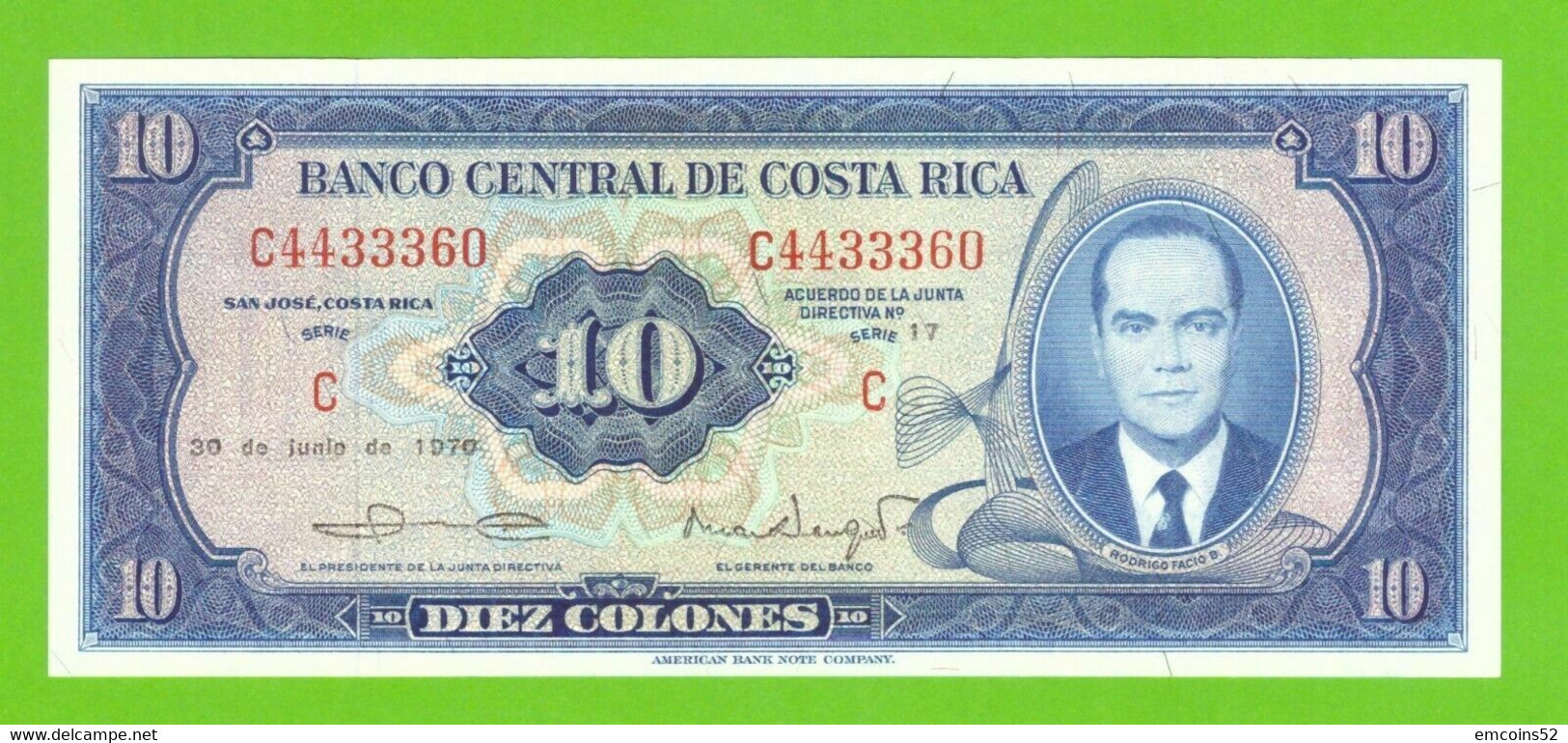COSTA RICA 10 COLONES 1970  P-230b  UNC - Costa Rica